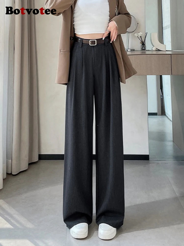 Botvotee Burgundy Suits Pants for Women Office Lady Elegant High Waist Wide Leg LADYLYS