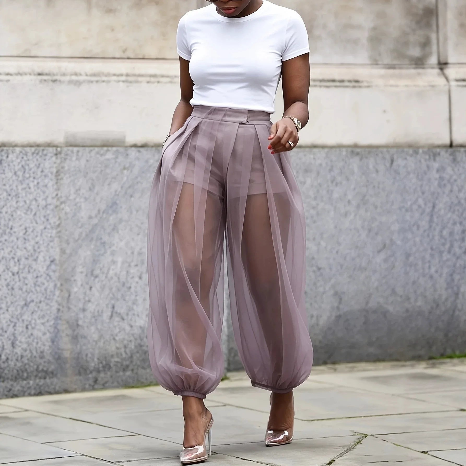 Women's Sheer Mesh Tulle Balloon Pants — High-Waist Elastic Cuff Bloomer Trousers | Elegant Casual