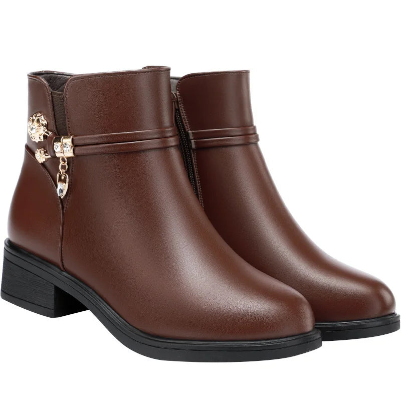 Women's Rhinestone Ankle Boots – Plush-Lined Zip-Up Low Heel Booties