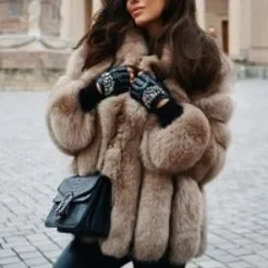 Women's Short Faux Fur Jacket with Puff Sleeves