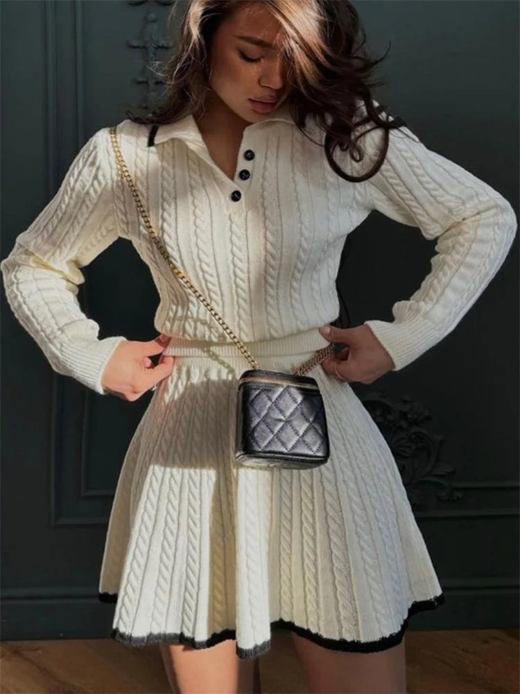 Patchwork Contrast 2-Piece Skirt Set – Long Sleeve Top & High Waist Mini Skirt