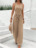 Solid Jumpsuit Casual Sleeveless V Neck Lace-Up Wide Leg Pants LADYLYS