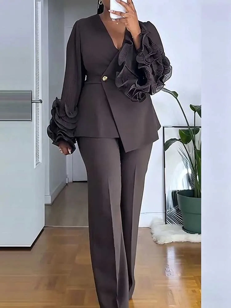 Women’s 2-Piece Blazer & Straight-Leg Pants Suit – Elegant Office Formal Set