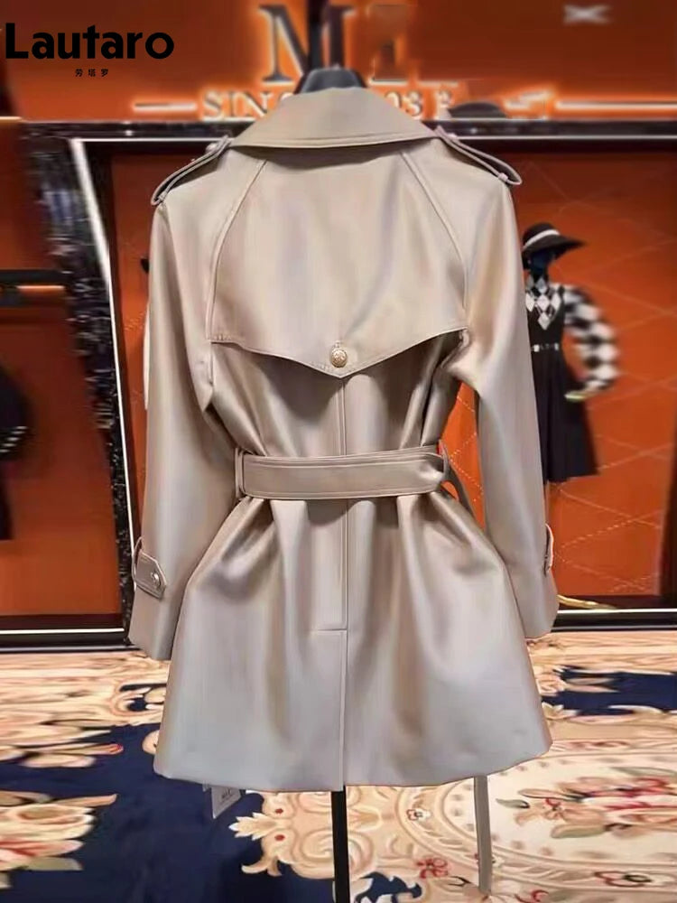 Women's Khaki Satin Trench Coat – Double-Breasted, Belted, Elegant Fit