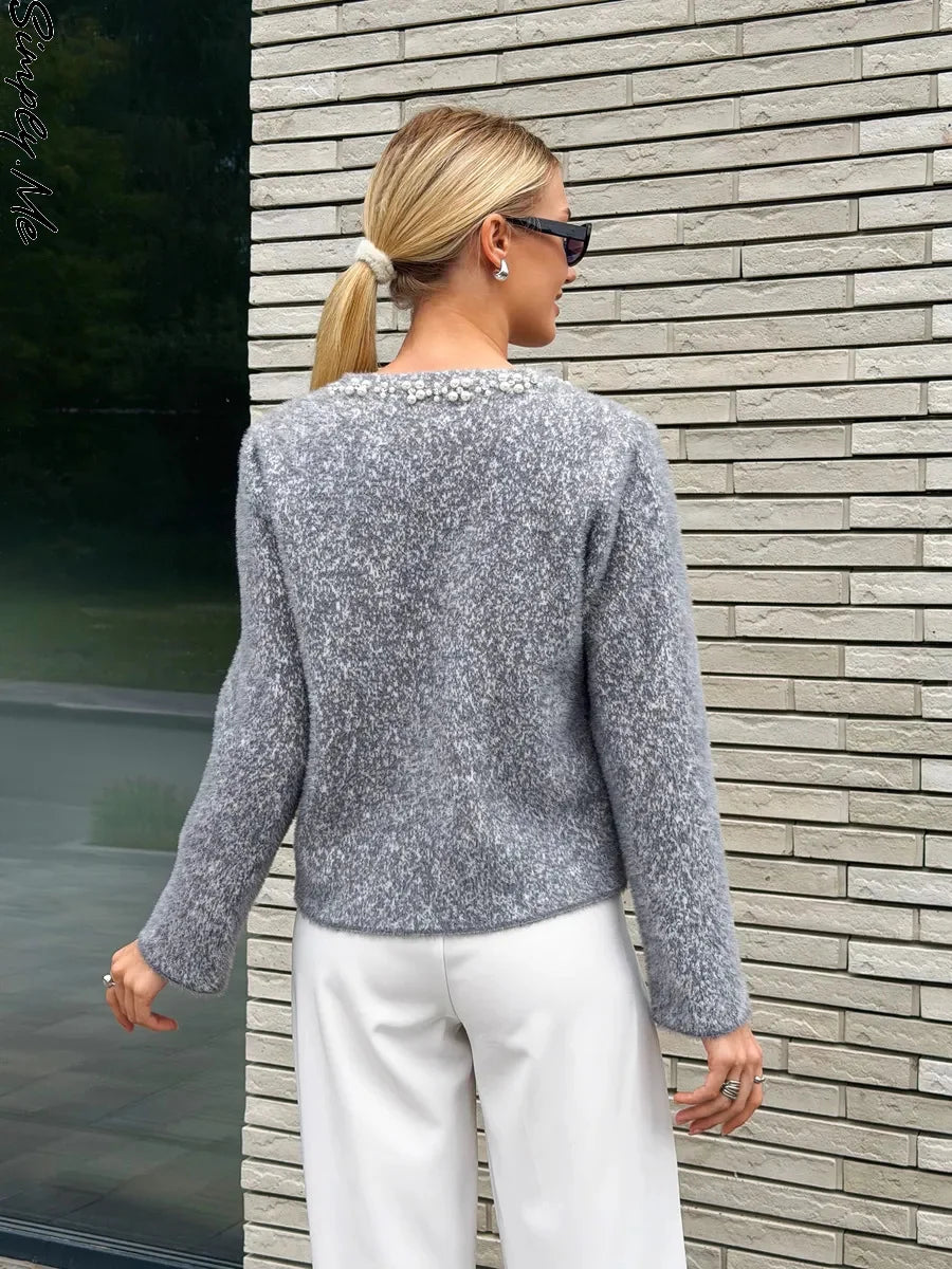 Women's Grey Knit Cardigan with Faux Fur Collar and Pearl Trim
