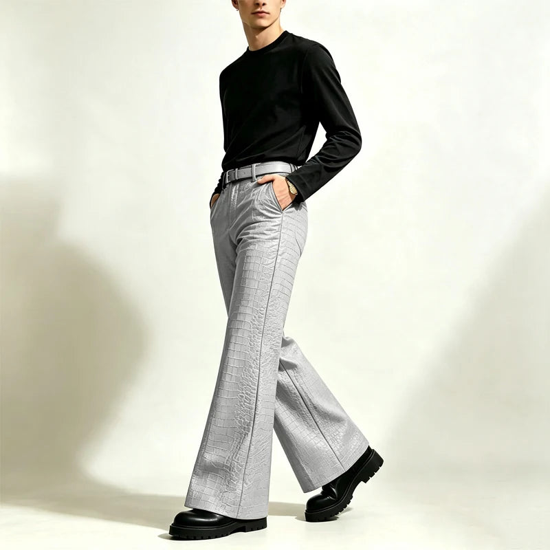 Men’s Crocodile-Effect Faux Leather Flare Pants