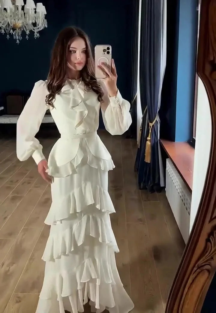 Women's Elegant Layered Ruffle Maxi Dress with Long Sleeves and Belt