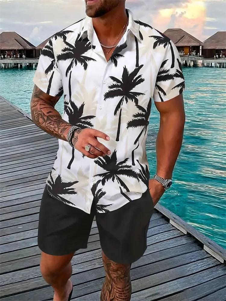 Men's Shirt Shorts Set Two Piece 3D Leaf Print Hawaiian Style LADYLYS