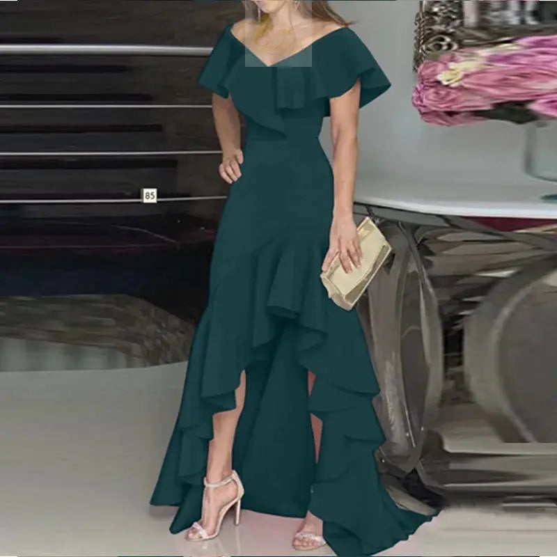 Beauty style elegant V-neck ruffled irregular elegant dress LADYLYS