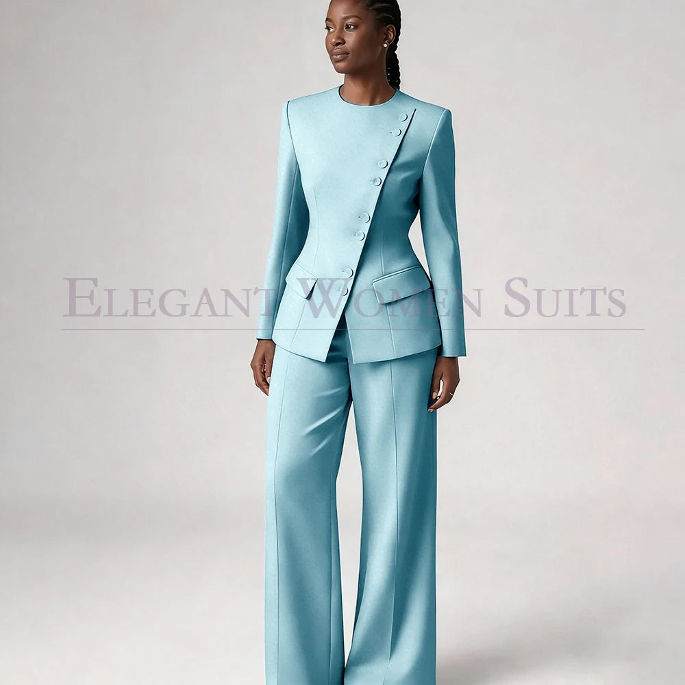 Single Breasted Women's Suits Blazer Luxury O-neck Regular Length 2 Piece LADYLYS