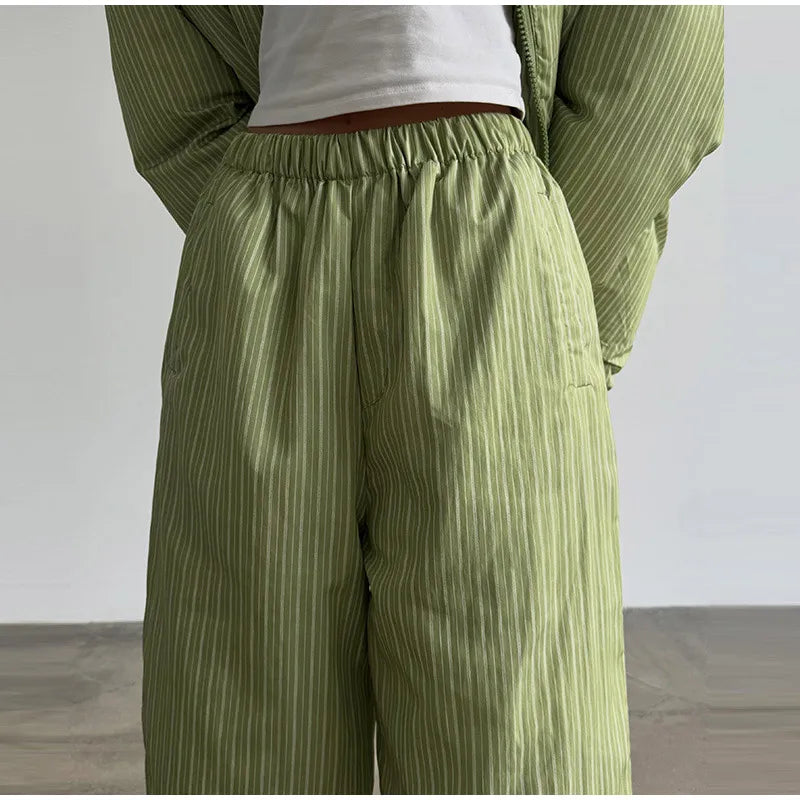 Women's Striped 2-Piece Set – Zip-Up Hooded Puffer Coat & Wide-Leg Jogger Pants | Warm Winter Suit