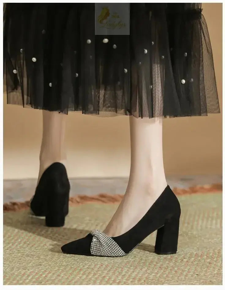 Chunky Heel Pointed Toe Black Rhinestone High Heel Women's Work Shoes Plus Size Pumps LADYLYS