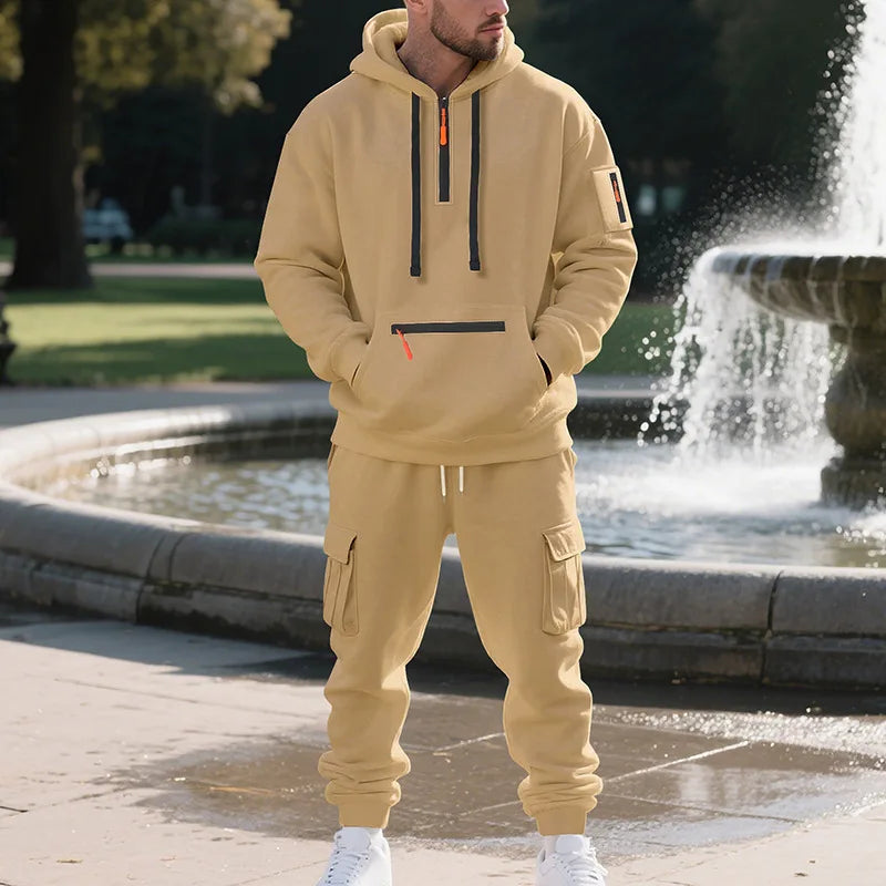 Men's Fleece Hoodie & Multi-Pocket Pants Set – Casual Sportswear