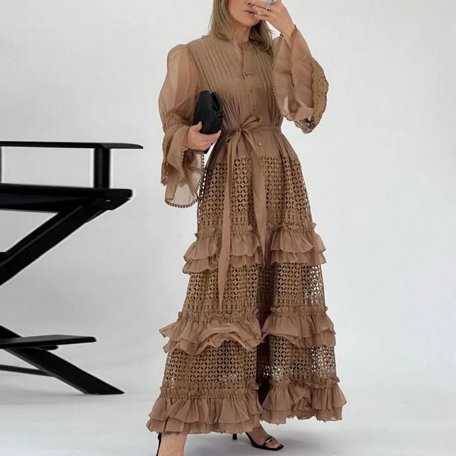 Lace Hollow-Out A-Line Dress – V-Neck, Flare Sleeves & Bandage Detail