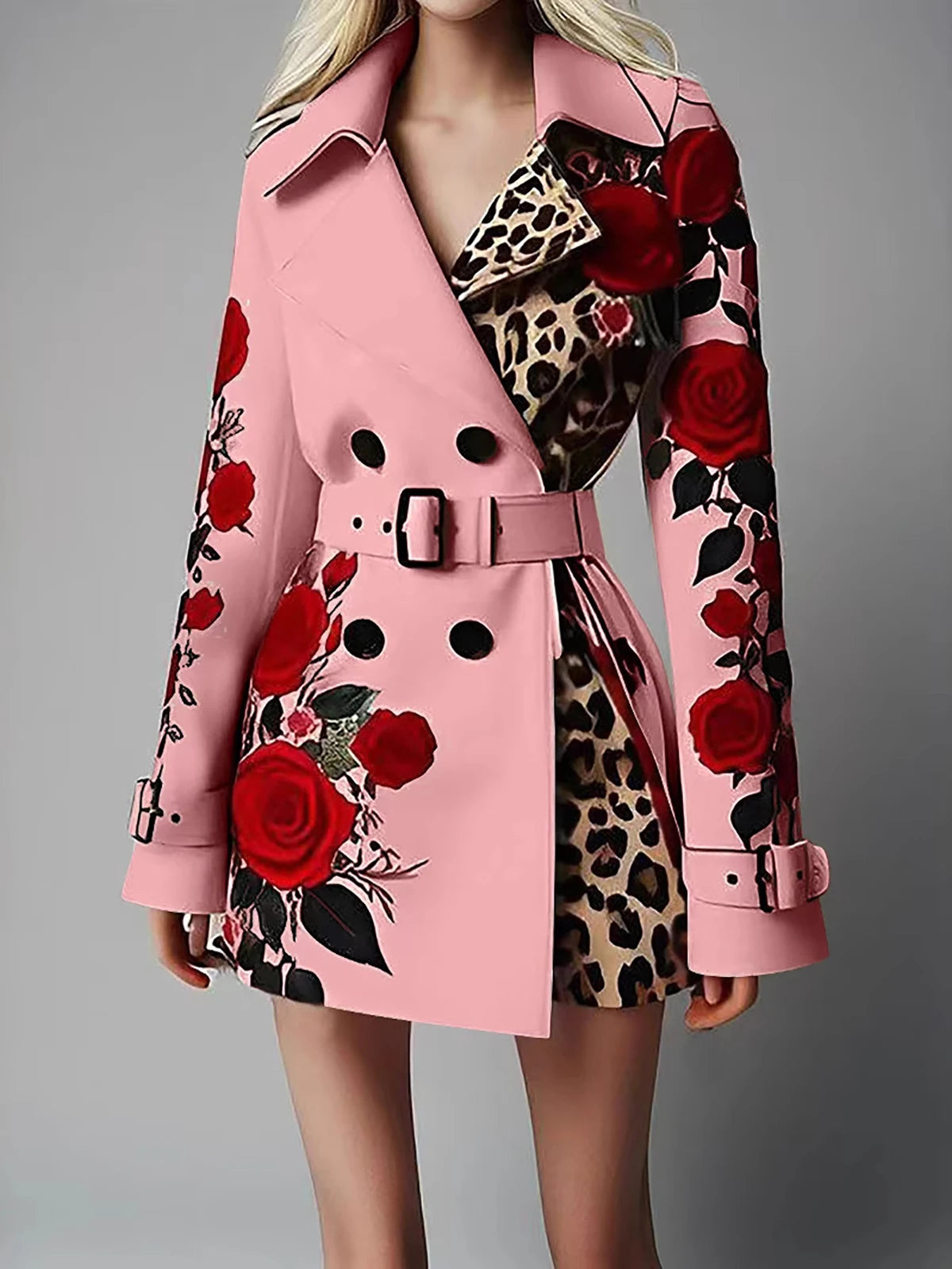 Chic Trench Coat Red Rose Leopard Print Double Breasted Belted Lapel Long LADYLYS