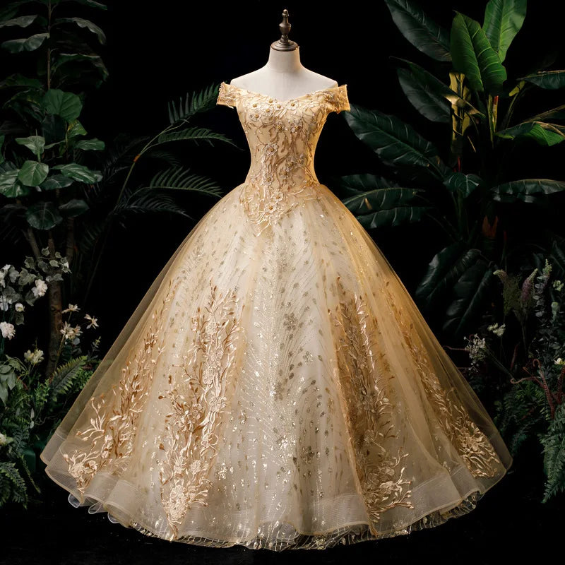 Elegant Gold Quinceanera Dress Off Shoulder Lace Embroidery LADYLYS