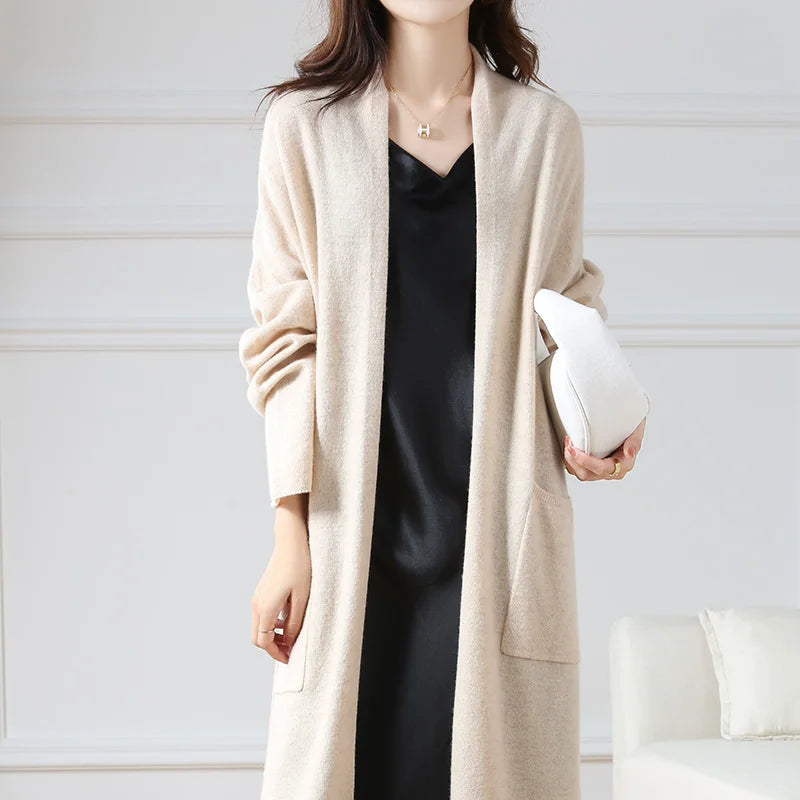 Women's Long Wool V-Neck Cardigan, Loose Fit
