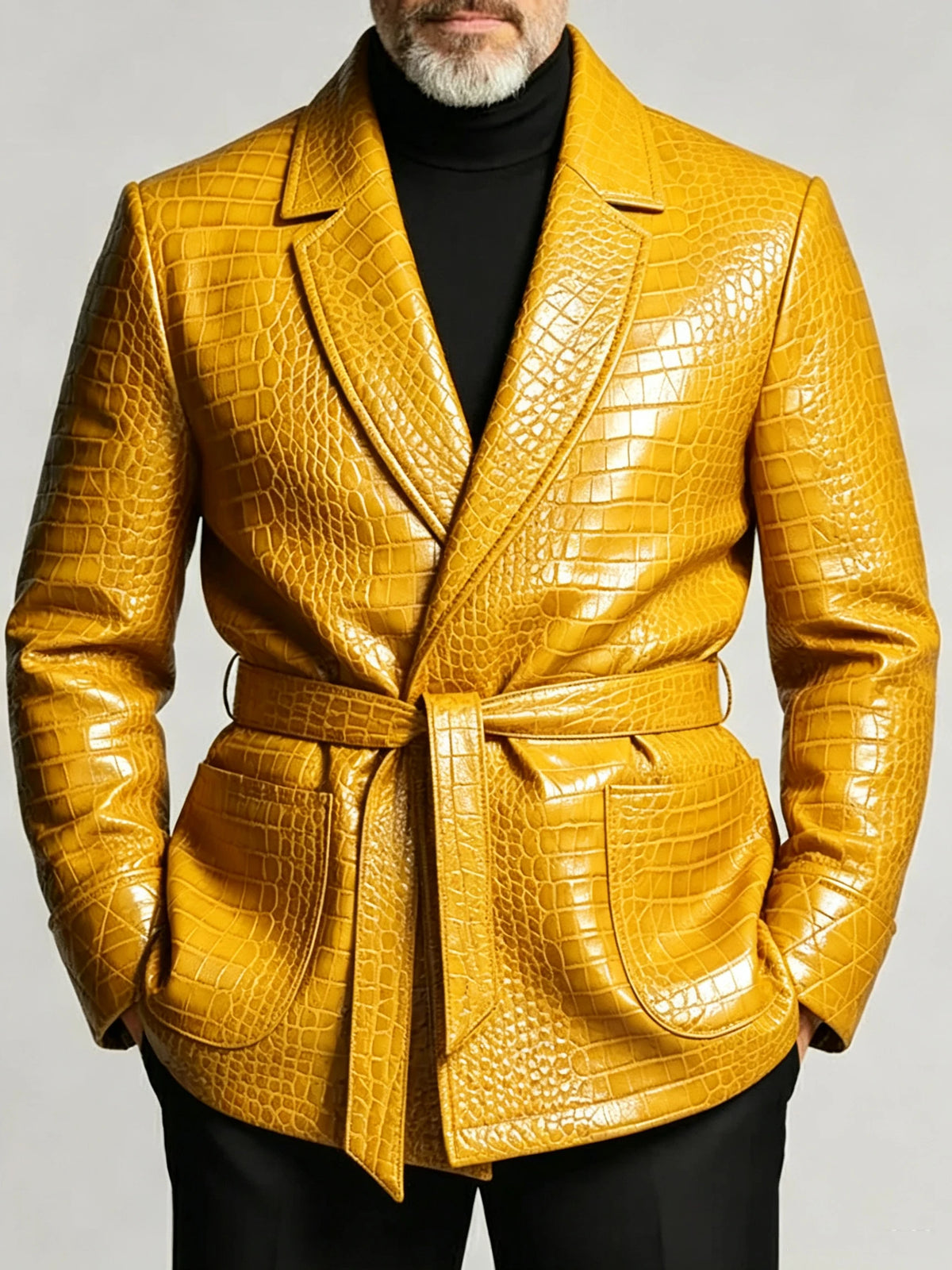 Men's Crocodile-Embossed PU Leather Blazer – Shawl Lapel, Belted, Slim Fit