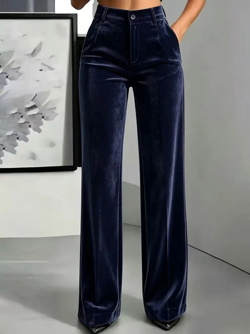 Women's Velvet High-Waist Straight-Leg Trousers