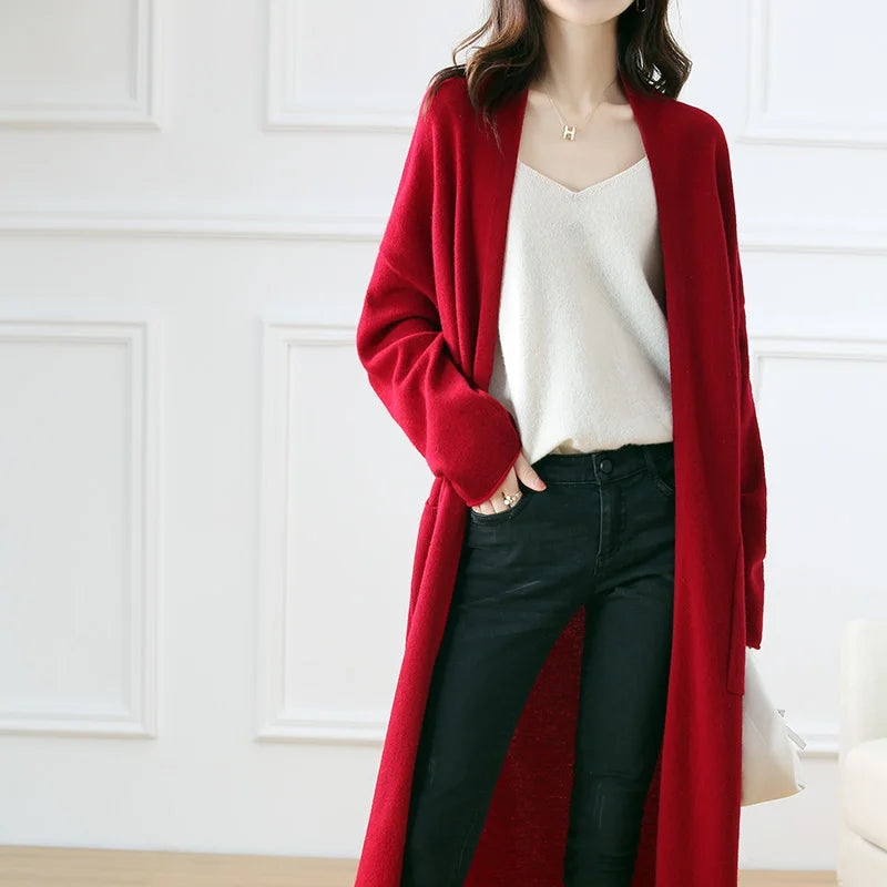 Women's Long Wool V-Neck Cardigan, Loose Fit