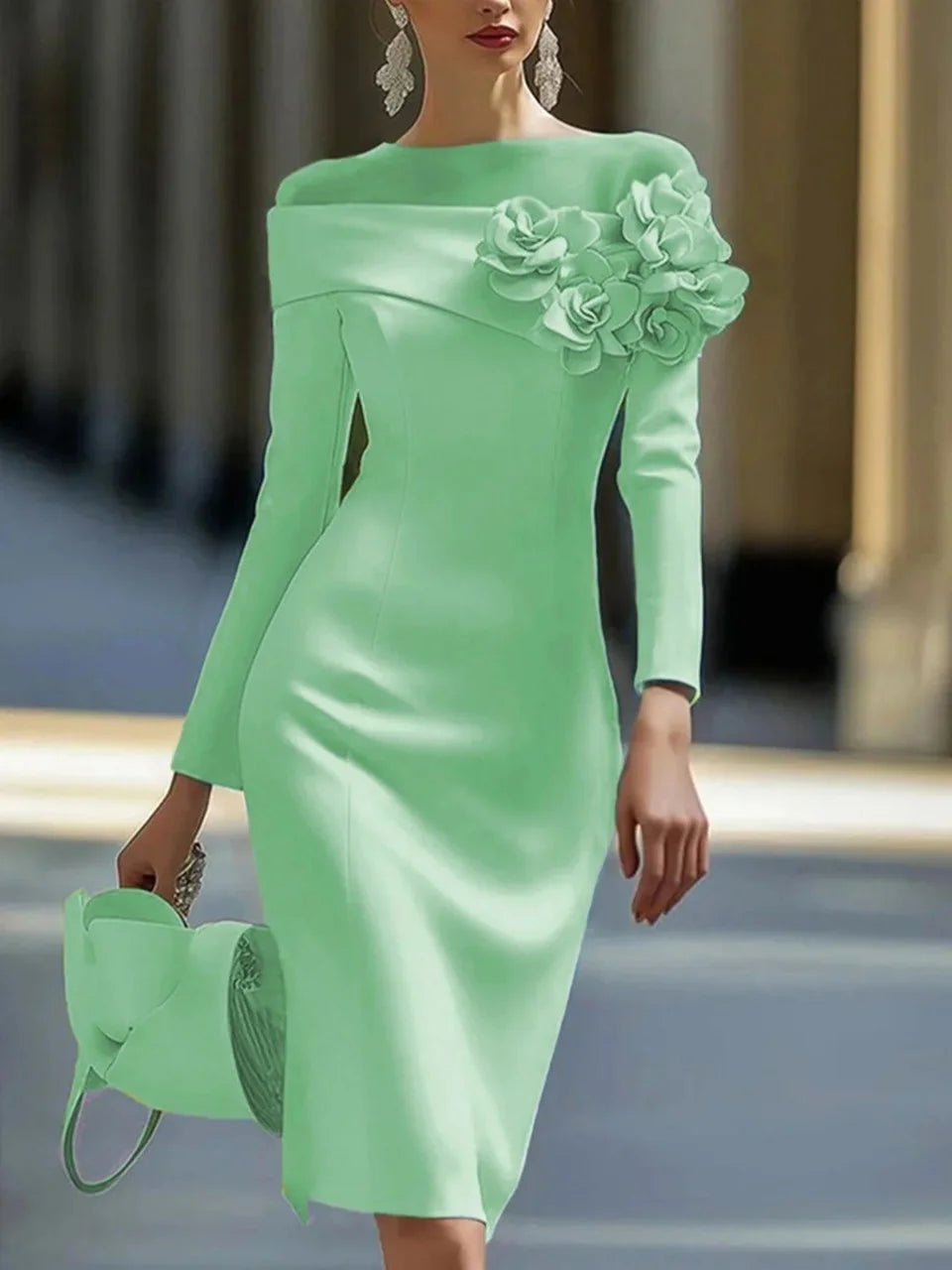 Women's 3D Floral Bodycon Knee Dress – Long Sleeve Formal Evening Dress