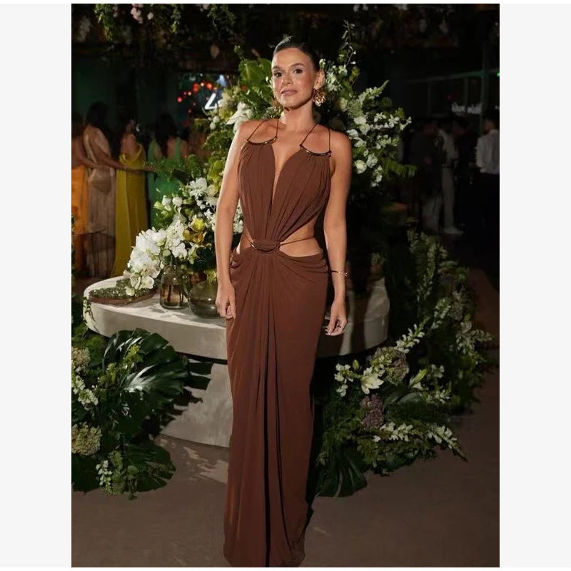 Deep V Cutout Ruched Maxi Gown – Spaghetti Strap Sleeveless Evening Dress