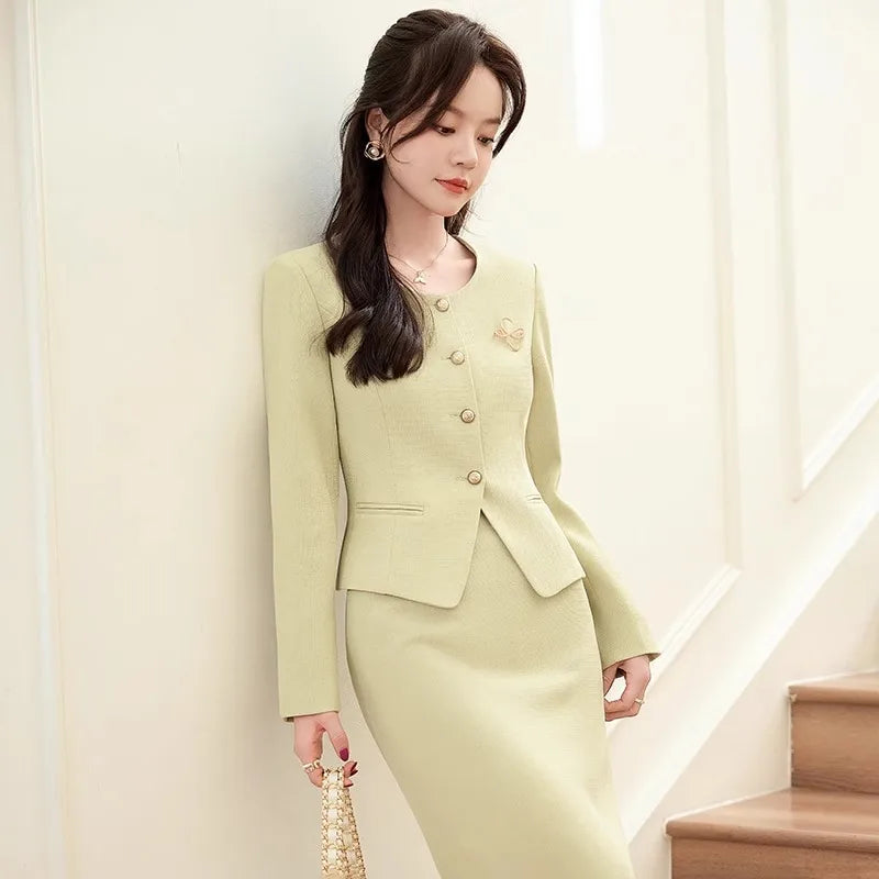 Women's 2-Piece Business Skirt Suit – Long Sleeve Blazer & Midi Skirt | Office Professional Set