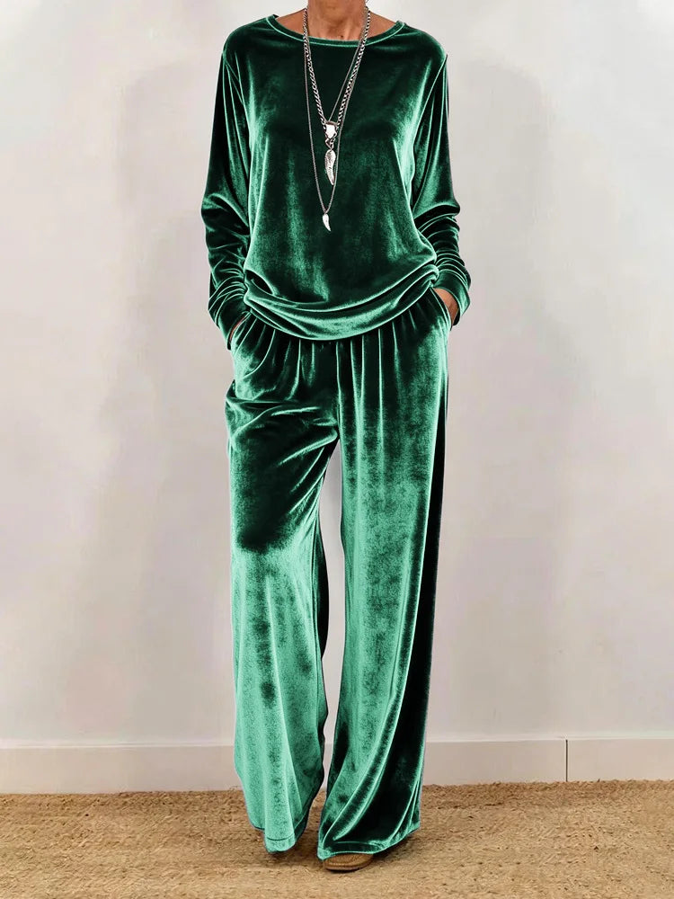 Women's Velvet O-Neck Top & Wide Leg Pants Set — Solid Color 2-Piece Outfit