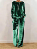 Women's Velvet O-Neck Top & Wide Leg Pants Set — Solid Color 2-Piece Outfit