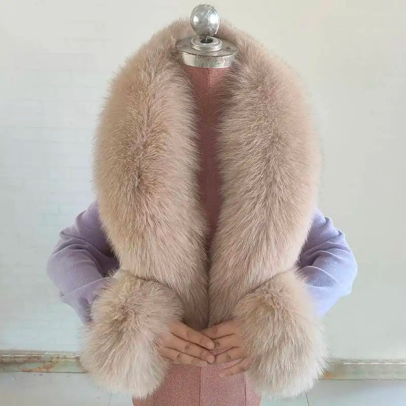 Women's Real Fur Collar and Cuffs Set, Fluffy Winter Scarf