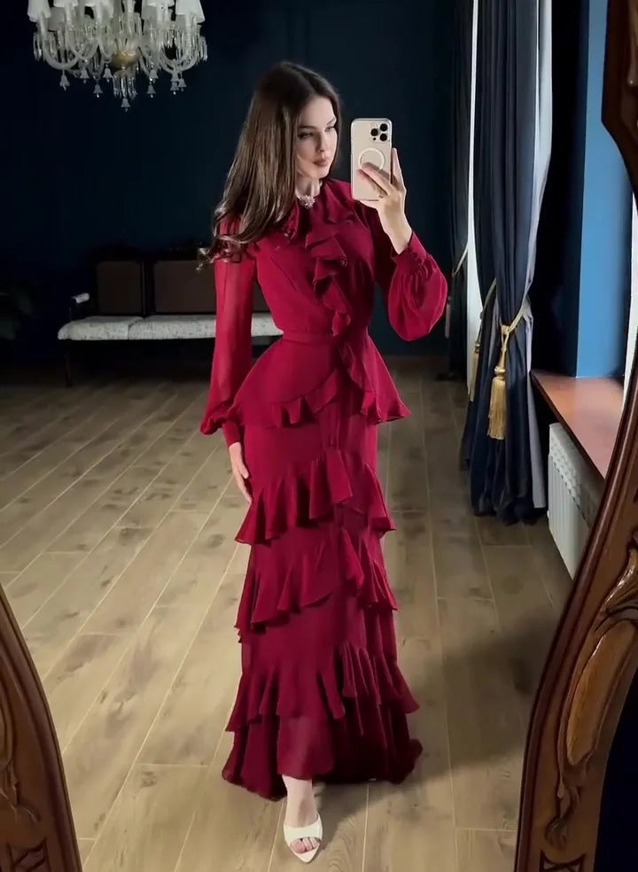 Women's Elegant Layered Ruffle Maxi Dress with Long Sleeves and Belt