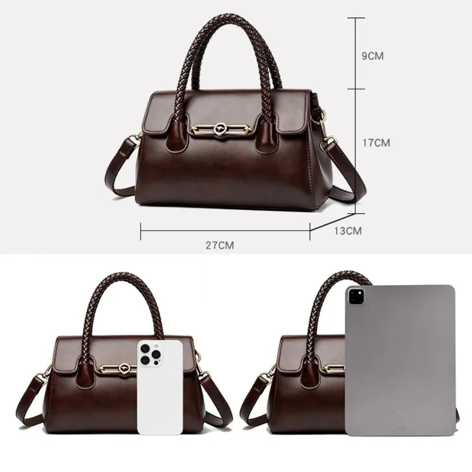 Women's Leather Top-Handle Bag with Woven Handle