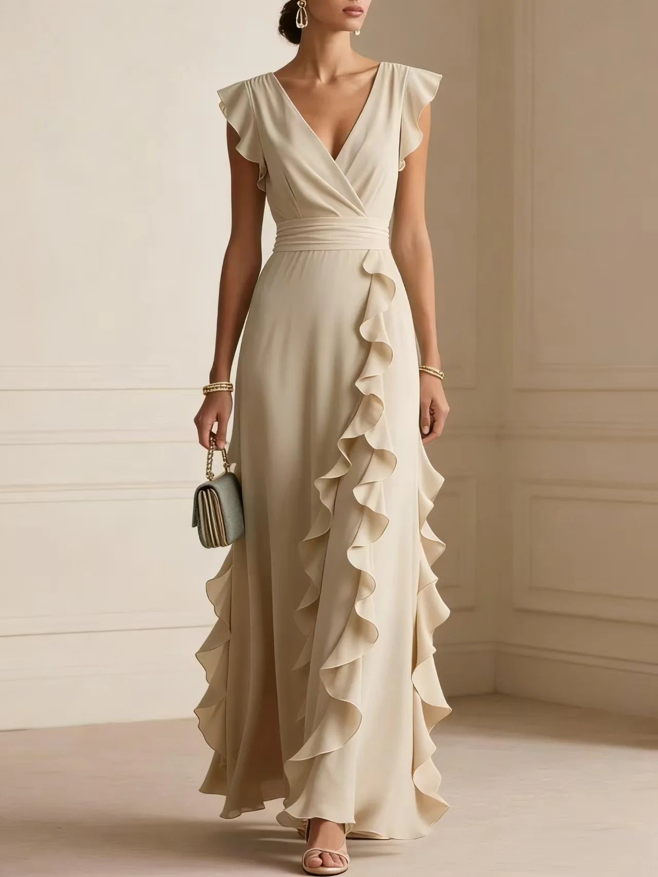 Women's Elegant Ruffle Sleeveless V-Neck Maxi Dress – Bohemian Party & Evening Gown