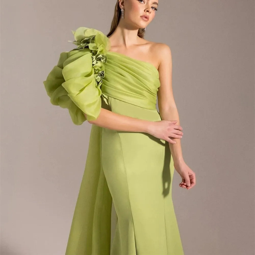One-Shoulder Pleated Jersey Mermaid Evening Dress