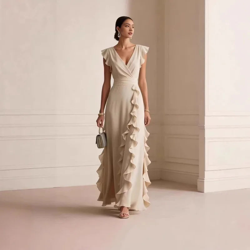 Women's Elegant Ruffle Sleeveless V-Neck Maxi Dress – Bohemian Party & Evening Gown