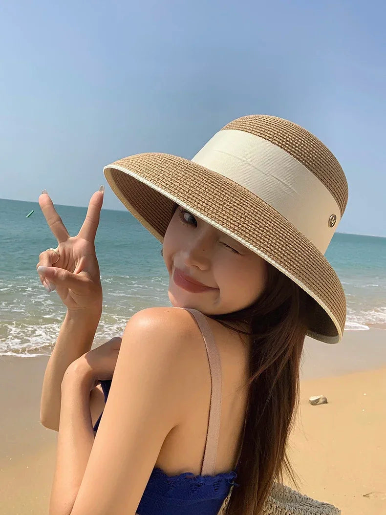 French Retro Straw Sun Hat with Bow Detail - Hepburn Style Elegant Wide Brim LADYLYS