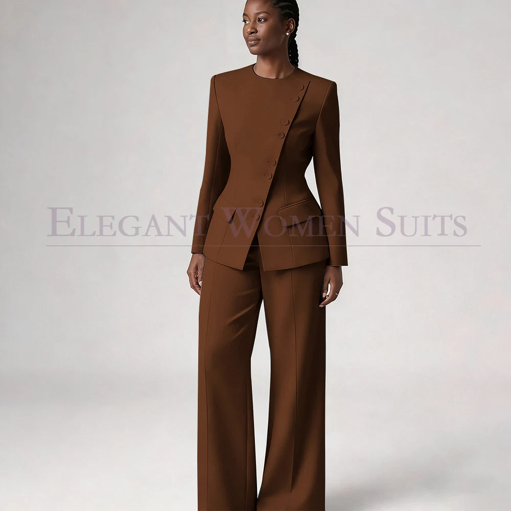 Single Breasted Women's Suits Blazer Luxury O-neck Regular Length 2 Piece LADYLYS