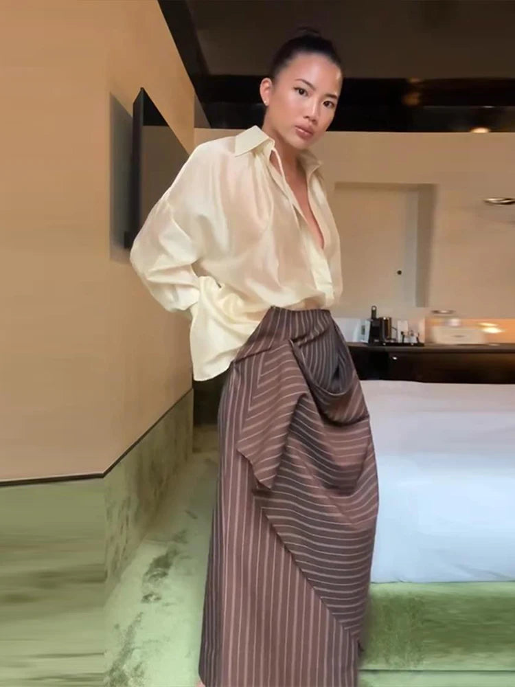 Striped Asymmetric Midi Skirt & Ribbon Tie Blouse Set – Women’s 2-Piece Summer Suit