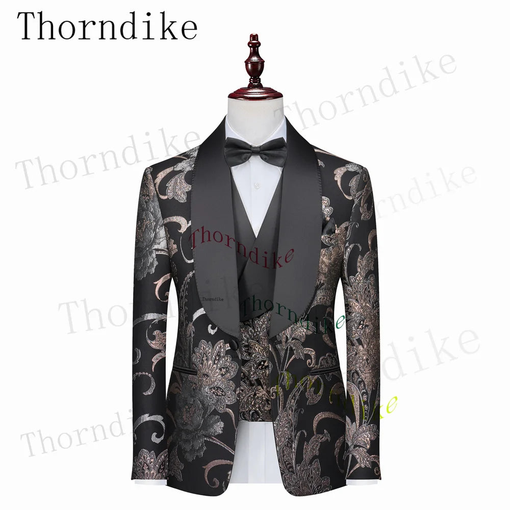 Men Sliver&Golden Pattern Wedding Suits Slim Fit Single Breasted Prom Blazers Pants Vest LADYLYS