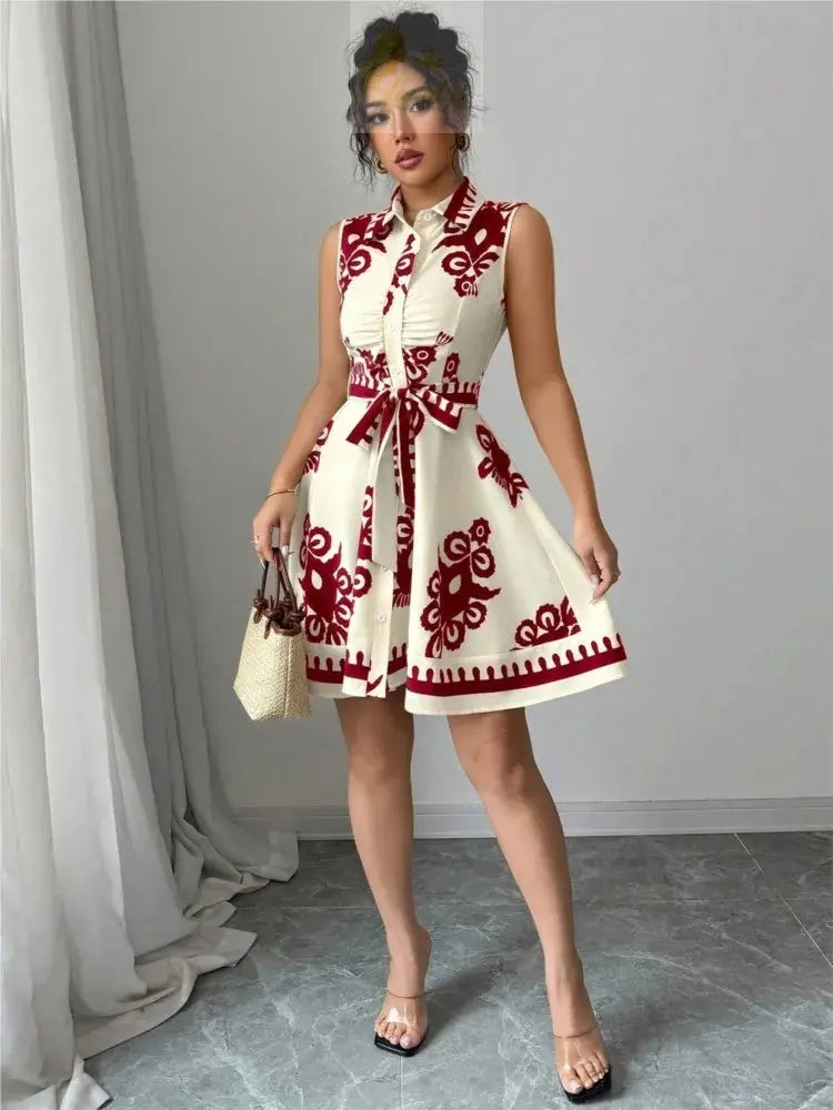 Printed Waist Halterneck Tie Dress Elegant LADYLYS