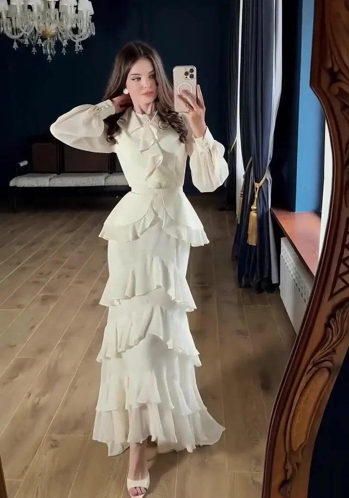 Women's Elegant Layered Ruffle Maxi Dress with Long Sleeves and Belt