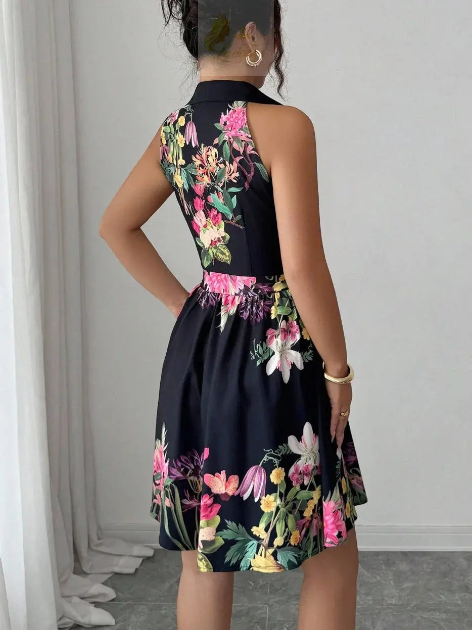 Printed Waist Halterneck Tie Dress Elegant LADYLYS