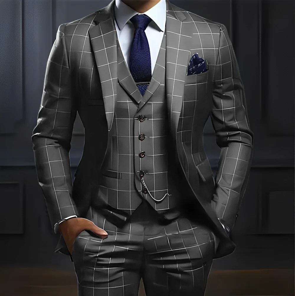 Men’s Plaid Three-Piece Suit for Weddings and Business