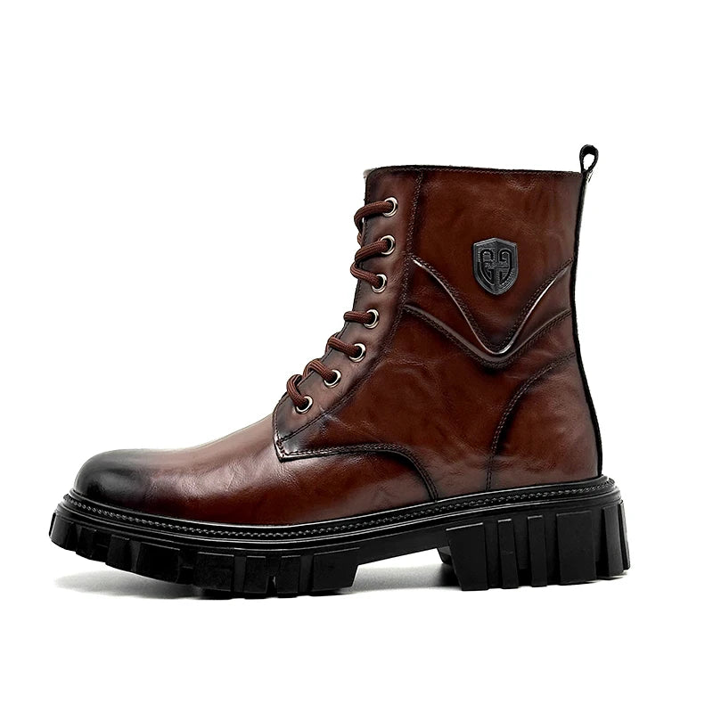 Men's Split Leather Motorcycle Ankle Boots – High-Top Slip-On Thick Sole Winter Boots