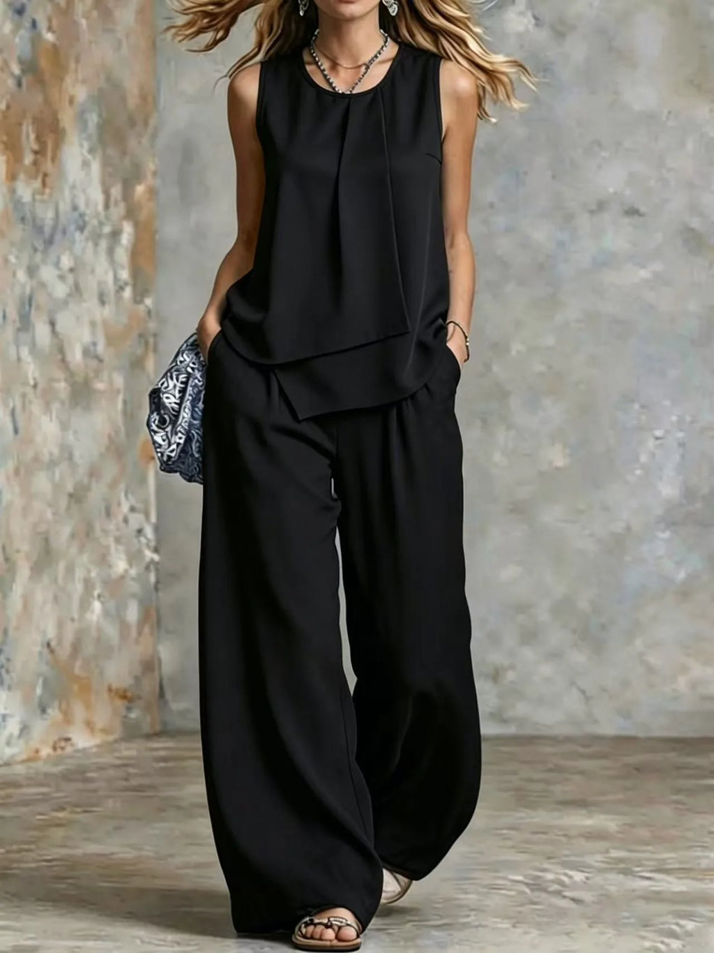Women's Summer 2-Piece Outfit – Solid Sleeveless Top & Irregular Hem Skirt