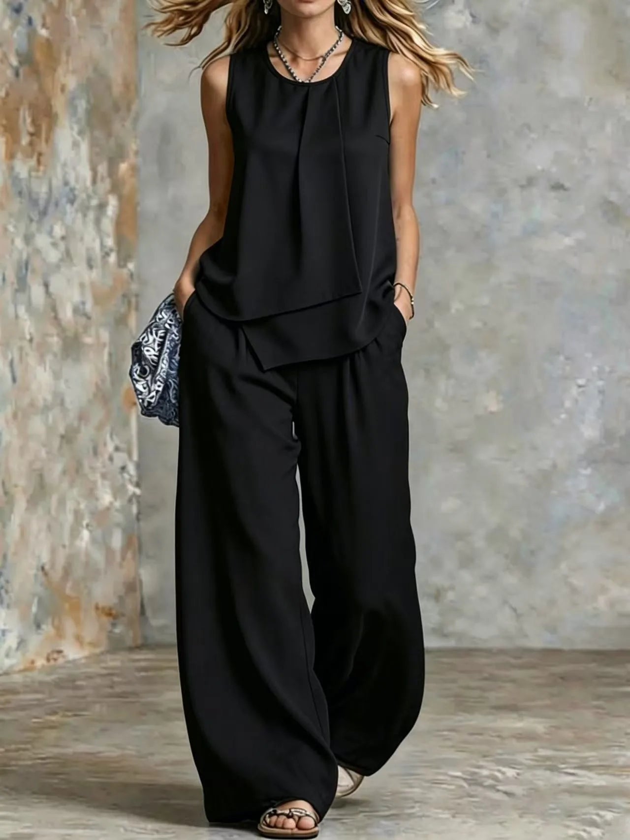 Women's Summer 2-Piece Outfit – Solid Sleeveless Top & Irregular Hem Skirt