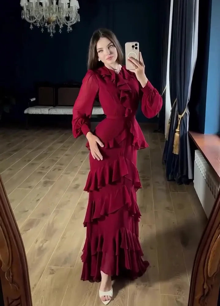 Women's Elegant Layered Ruffle Maxi Dress with Long Sleeves and Belt