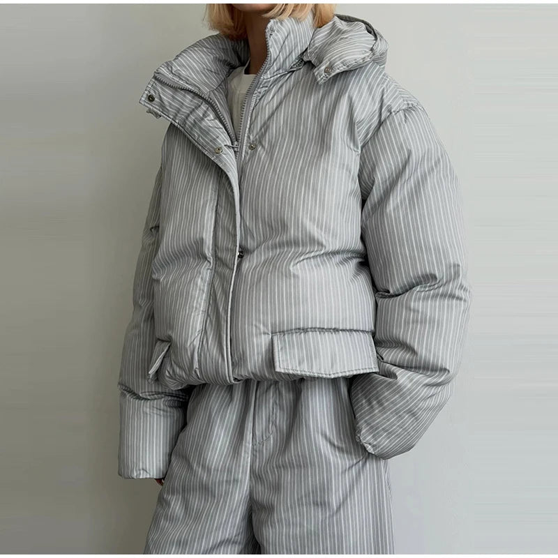Women's Striped 2-Piece Set – Zip-Up Hooded Puffer Coat & Wide-Leg Jogger Pants | Warm Winter Suit