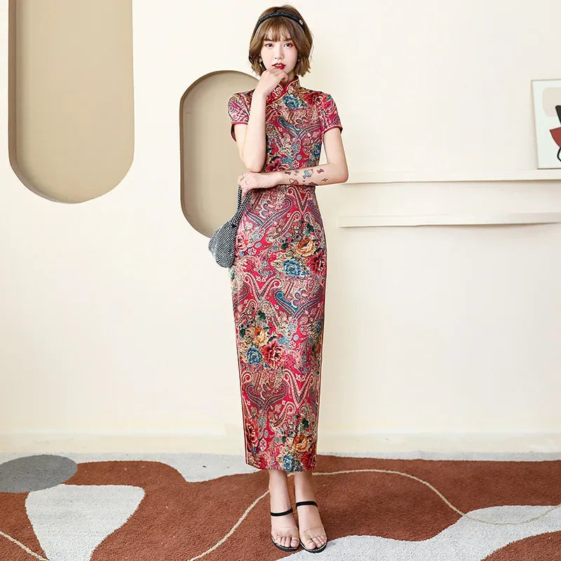 Printed Short-Sleeve Qipao-Inspired Midi Dress