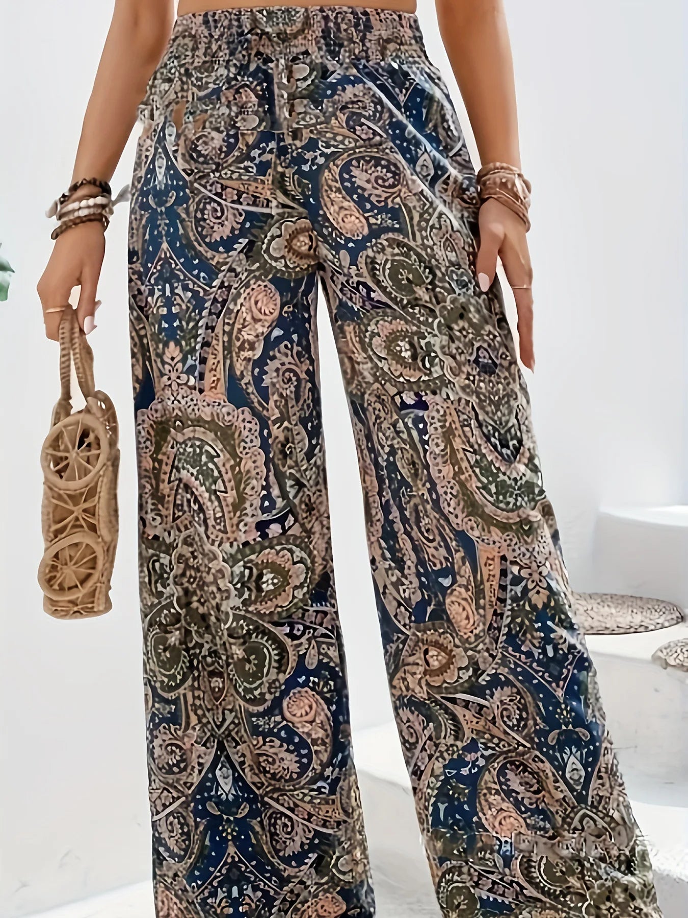 Bohemian High Waist Elastic Printed Wide Leg Long Pants Women‘s Vintage Trend LADYLYS